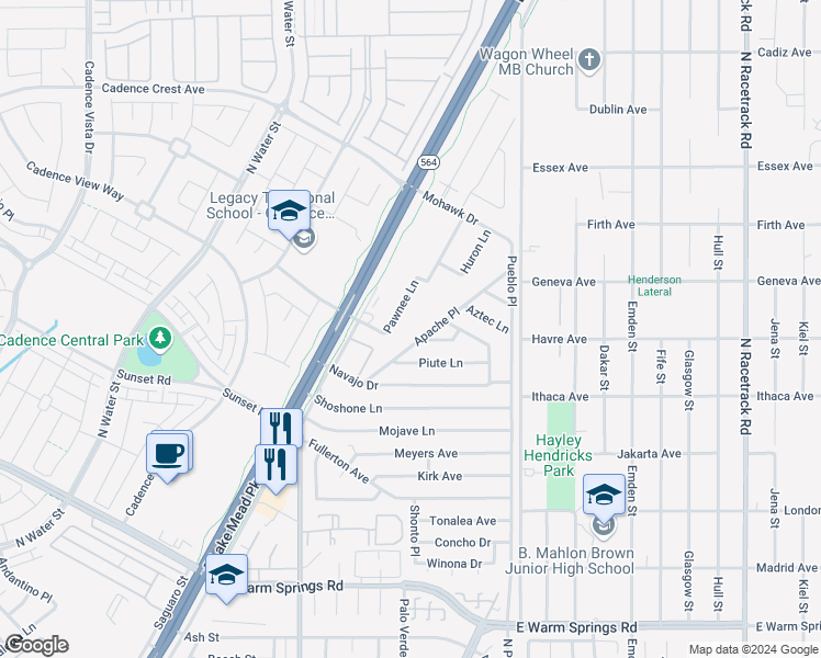 map of restaurants, bars, coffee shops, grocery stores, and more near 225 Apache Place in Henderson