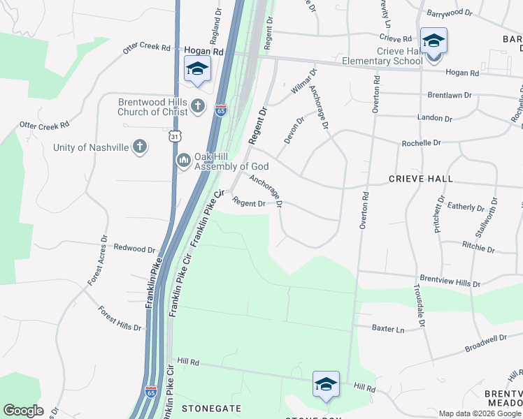 map of restaurants, bars, coffee shops, grocery stores, and more near 5195 Regent Drive in Nashville