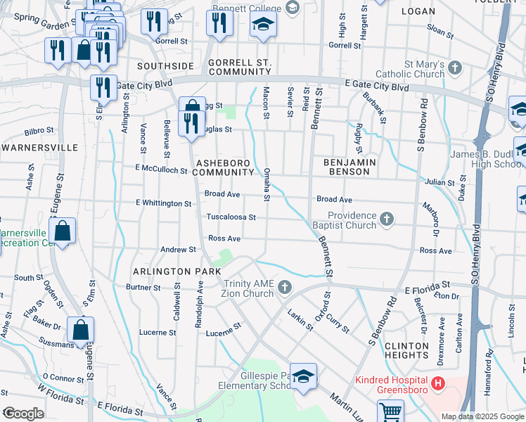 map of restaurants, bars, coffee shops, grocery stores, and more near 1112 Omaha Street in Greensboro