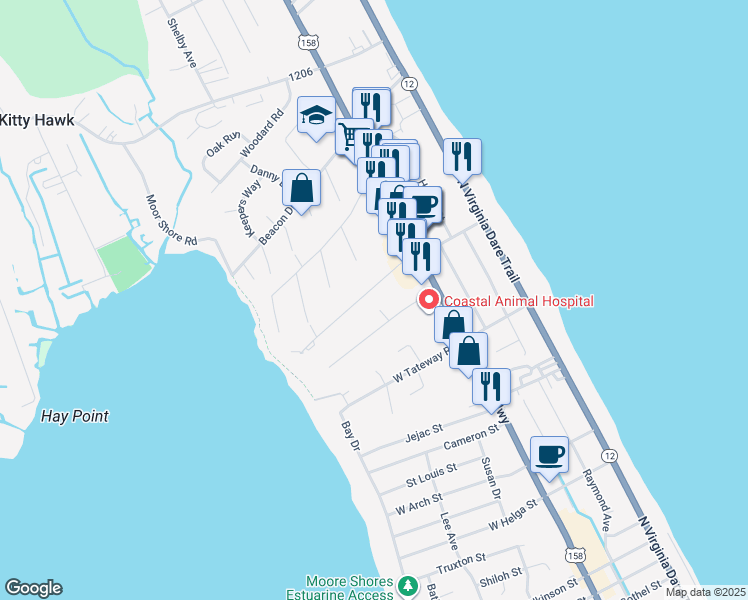 map of restaurants, bars, coffee shops, grocery stores, and more near 111 Harbour Bay Drive in Kitty Hawk