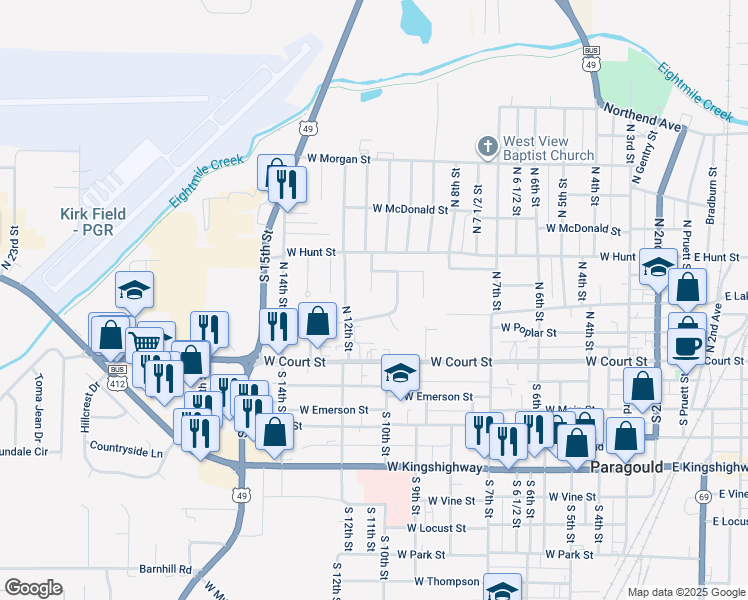 map of restaurants, bars, coffee shops, grocery stores, and more near 401 Hayes Place in Paragould