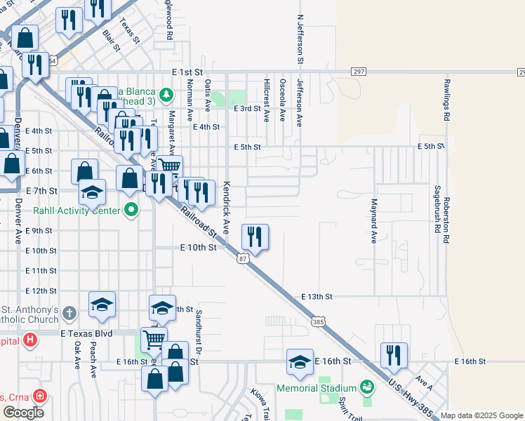 map of restaurants, bars, coffee shops, grocery stores, and more near 1416 East 8th Street in Dalhart