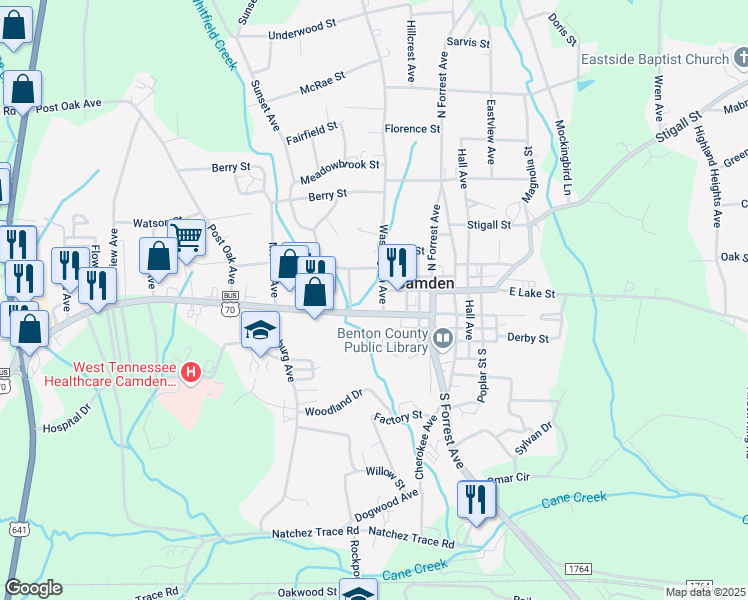 map of restaurants, bars, coffee shops, grocery stores, and more near 127 West Lake Street in Camden