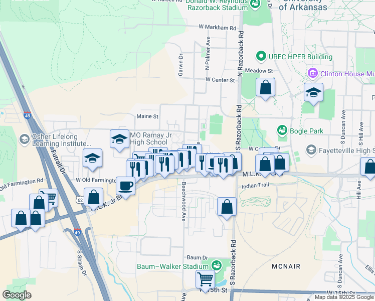 map of restaurants, bars, coffee shops, grocery stores, and more near 1620 West Mitchell Street in Fayetteville