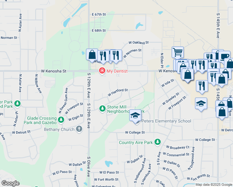 map of restaurants, bars, coffee shops, grocery stores, and more near 3201 West Hartford Street in Broken Arrow