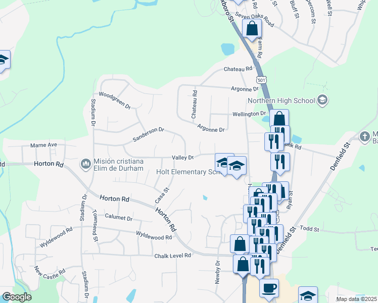 map of restaurants, bars, coffee shops, grocery stores, and more near 604 Sanderson Drive in Durham