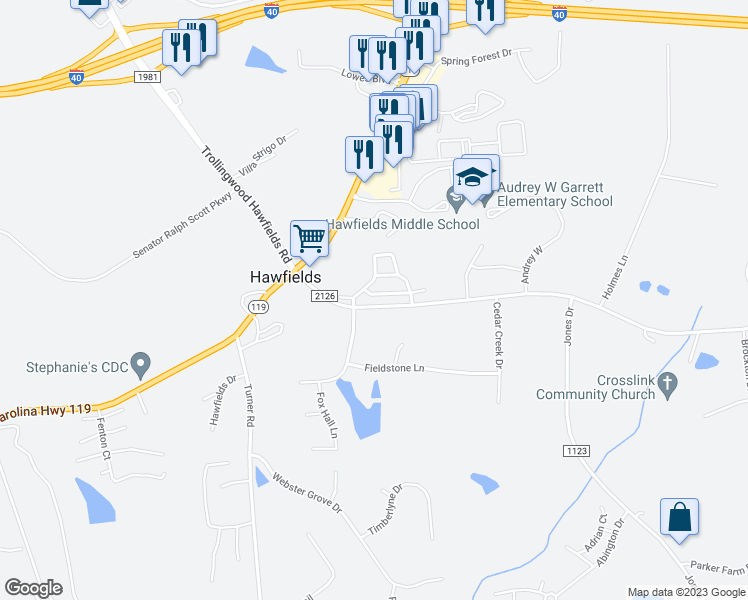 map of restaurants, bars, coffee shops, grocery stores, and more near 3004 Old Craig Trail in Mebane