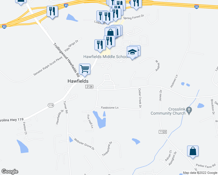 map of restaurants, bars, coffee shops, grocery stores, and more near 3012 Old Craig Trail in Mebane