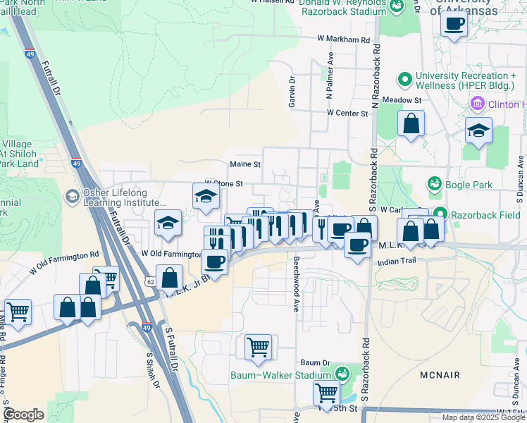 map of restaurants, bars, coffee shops, grocery stores, and more near South Bloomfield Loop in Fayetteville