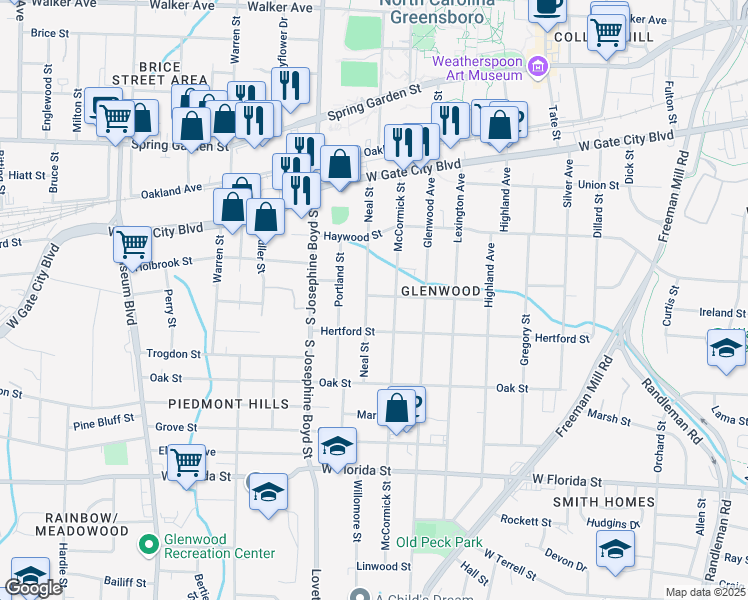 map of restaurants, bars, coffee shops, grocery stores, and more near 1001 Neal Street in Greensboro