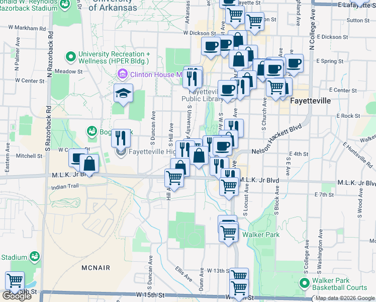 map of restaurants, bars, coffee shops, grocery stores, and more near 449 South University Avenue in Fayetteville