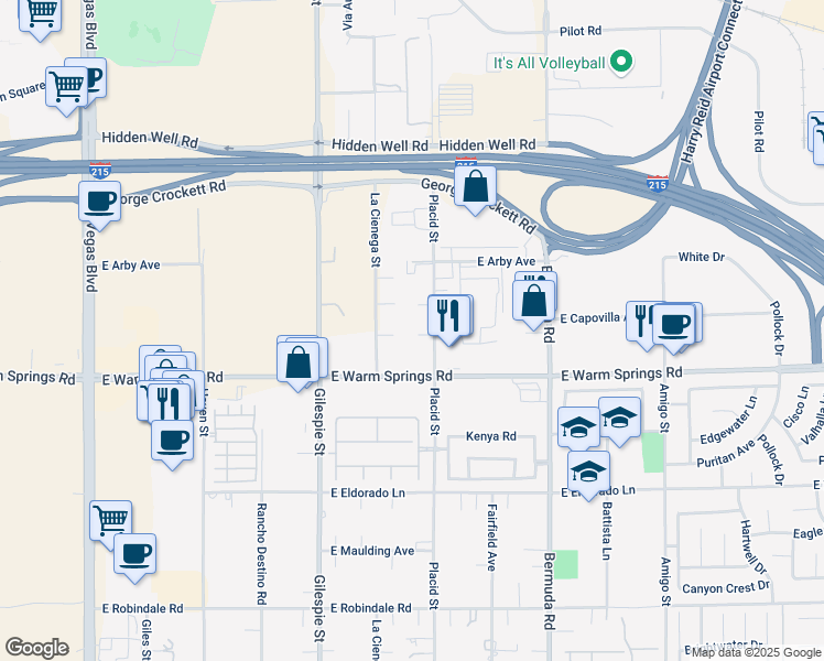 map of restaurants, bars, coffee shops, grocery stores, and more near 7225 Placid Street in Las Vegas