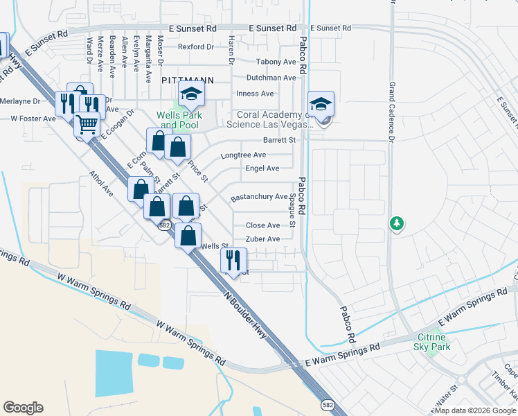 map of restaurants, bars, coffee shops, grocery stores, and more near 537 Van Dornum Avenue in Henderson
