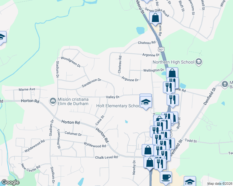 map of restaurants, bars, coffee shops, grocery stores, and more near 608 Sanderson Drive in Durham