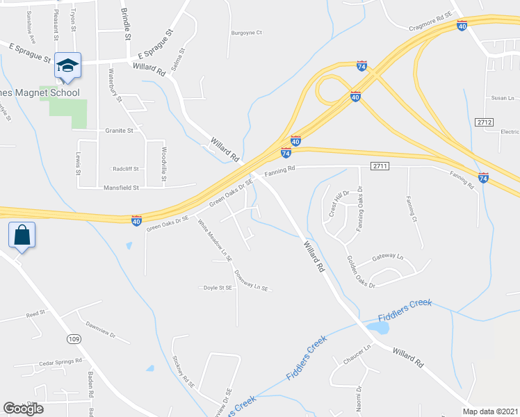 map of restaurants, bars, coffee shops, grocery stores, and more near 2405 Markwood Lane Southeast in Winston-Salem
