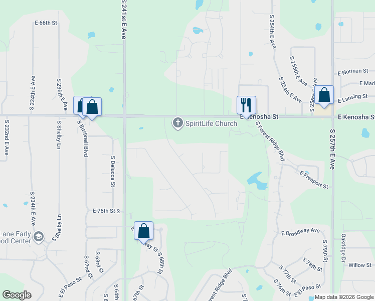 map of restaurants, bars, coffee shops, grocery stores, and more near 24615 East Sisemore Street in Broken Arrow