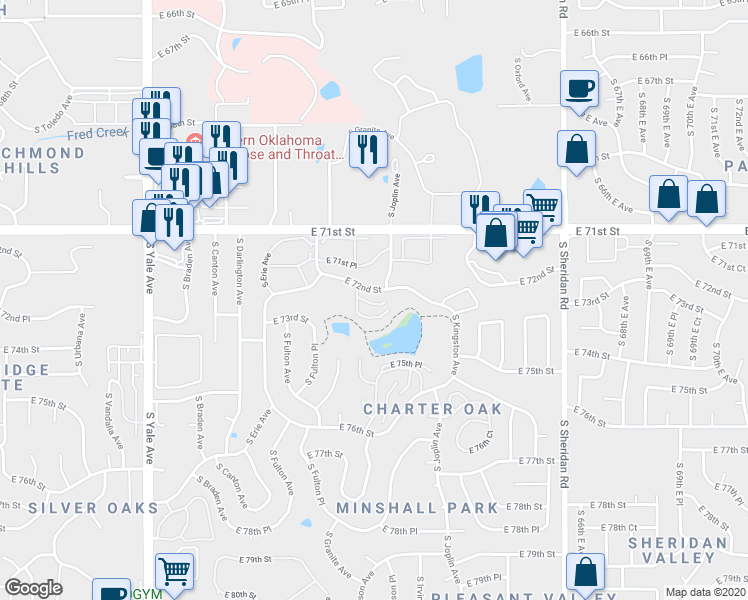 map of restaurants, bars, coffee shops, grocery stores, and more near 5703 East 72nd Place in Tulsa