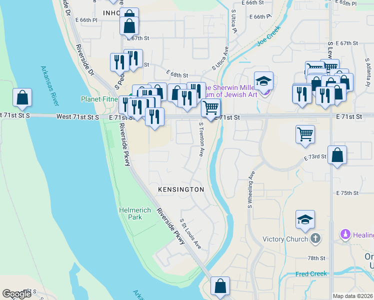 map of restaurants, bars, coffee shops, grocery stores, and more near 7304 South Saint Louis Avenue in Tulsa