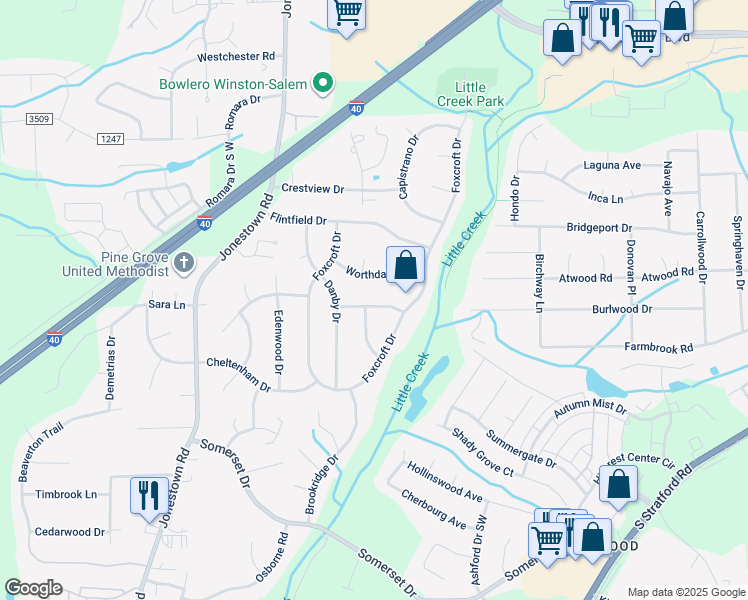 map of restaurants, bars, coffee shops, grocery stores, and more near 228 Montpelier Drive in Winston-Salem