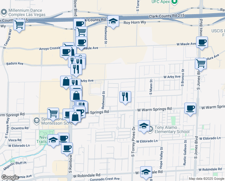 map of restaurants, bars, coffee shops, grocery stores, and more near 6650 West Warm Springs Road in Las Vegas