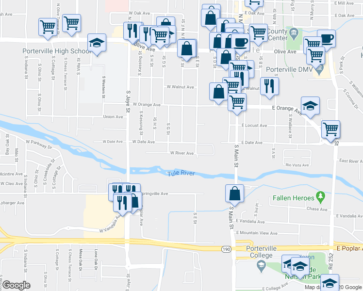 map of restaurants, bars, coffee shops, grocery stores, and more near 205 West Date Avenue in Porterville