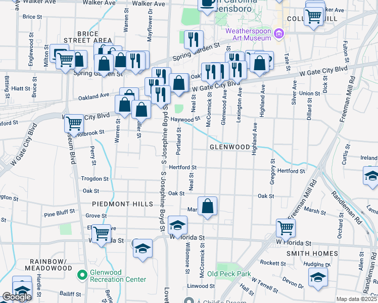 map of restaurants, bars, coffee shops, grocery stores, and more near 1000 Neal Street in Greensboro