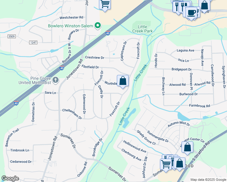 map of restaurants, bars, coffee shops, grocery stores, and more near 228 Montpelier Drive in Winston-Salem