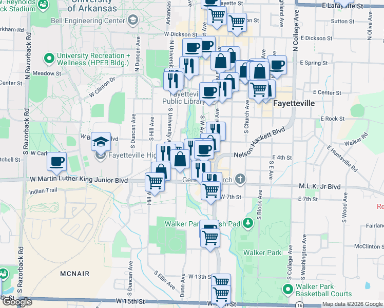 map of restaurants, bars, coffee shops, grocery stores, and more near 316 South Gregg Avenue in Fayetteville