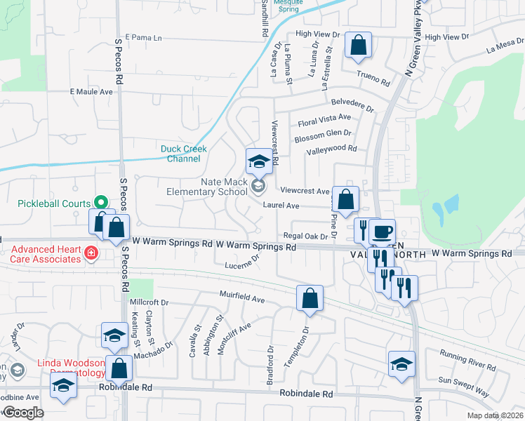 map of restaurants, bars, coffee shops, grocery stores, and more near 18 Hummingbird Circle in Henderson
