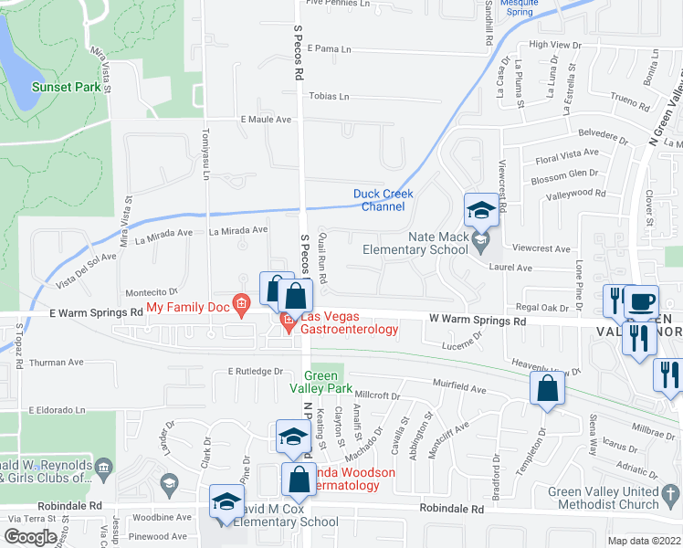 map of restaurants, bars, coffee shops, grocery stores, and more near 13 Dovetail Circle in Henderson