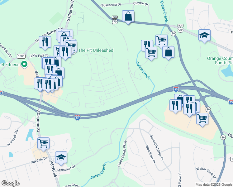 map of restaurants, bars, coffee shops, grocery stores, and more near Watermill Way in Hillsborough