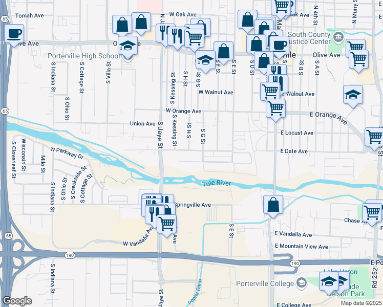 map of restaurants, bars, coffee shops, grocery stores, and more near 289 West Date Avenue in Porterville