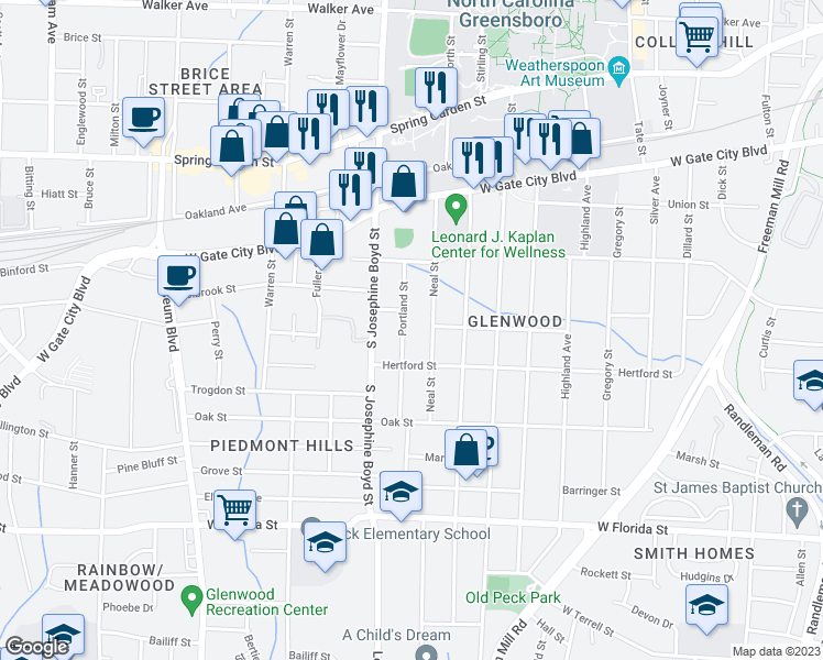 map of restaurants, bars, coffee shops, grocery stores, and more near 1000 Neal Street in Greensboro