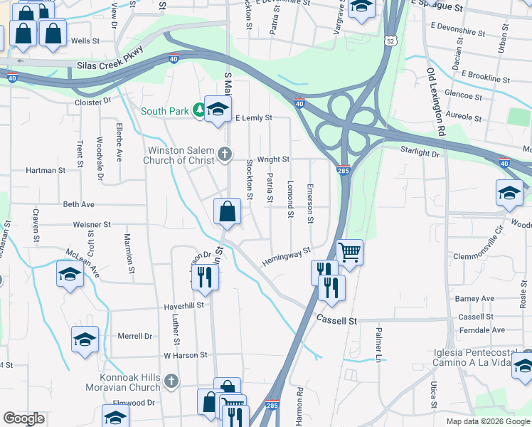 map of restaurants, bars, coffee shops, grocery stores, and more near 2910 Patria St in Winston-Salem