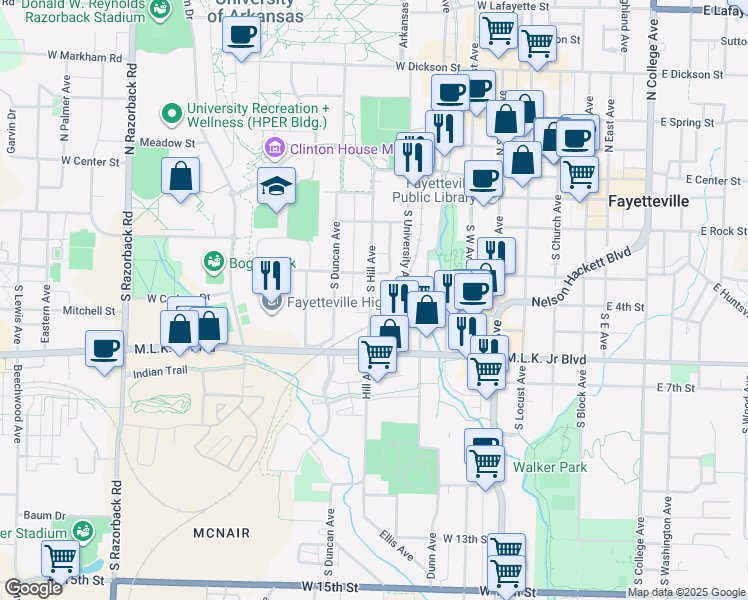 map of restaurants, bars, coffee shops, grocery stores, and more near 165 South Hill Avenue in Fayetteville