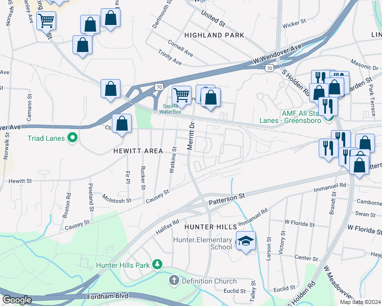 map of restaurants, bars, coffee shops, grocery stores, and more near 3646 Hewitt Street in Greensboro