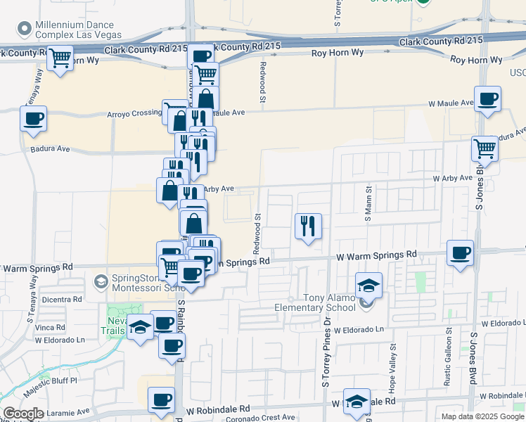 map of restaurants, bars, coffee shops, grocery stores, and more near 6650 West Warm Springs Road in Las Vegas