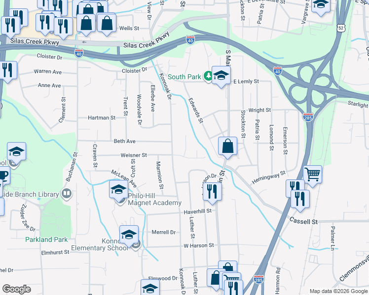 map of restaurants, bars, coffee shops, grocery stores, and more near 2916 Borg Road in Winston-Salem