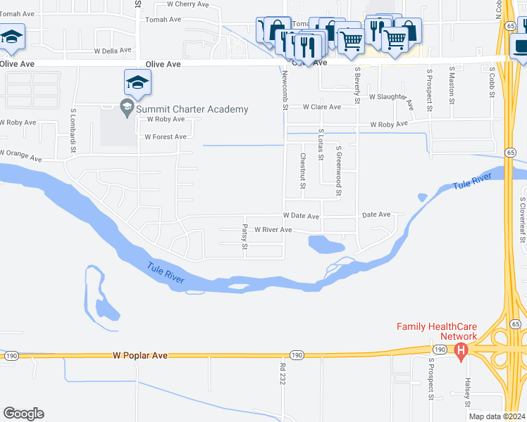 map of restaurants, bars, coffee shops, grocery stores, and more near 1644 West Date Avenue in Porterville