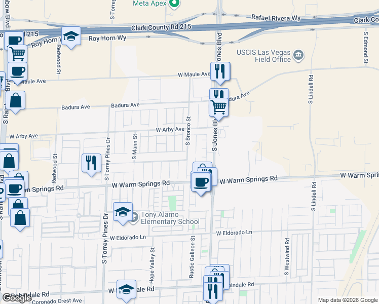 map of restaurants, bars, coffee shops, grocery stores, and more near 7184 South Bronco Street in Las Vegas
