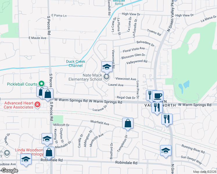map of restaurants, bars, coffee shops, grocery stores, and more near 18 Hummingbird Circle in Henderson