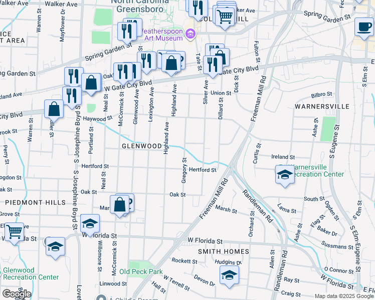 map of restaurants, bars, coffee shops, grocery stores, and more near 1005 Gregory Street in Greensboro