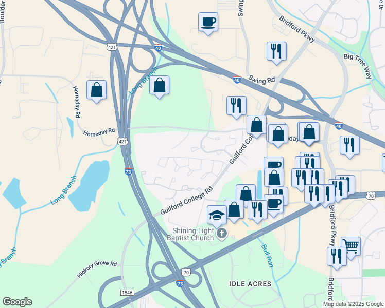 map of restaurants, bars, coffee shops, grocery stores, and more near 5503 Hornaday Road in Greensboro
