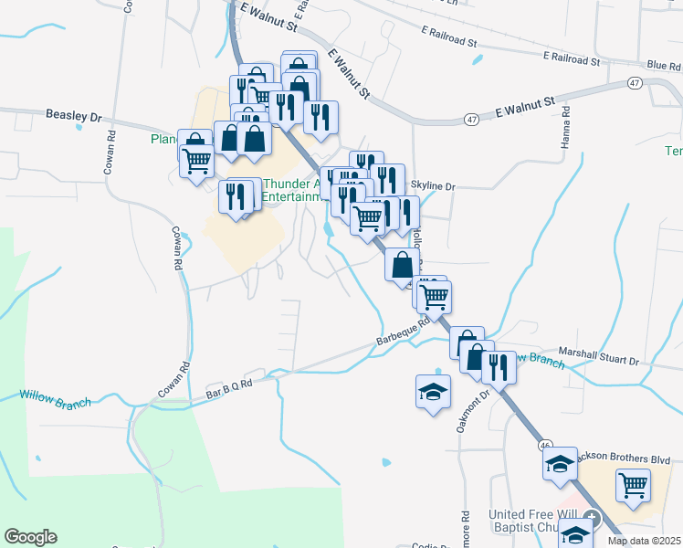 map of restaurants, bars, coffee shops, grocery stores, and more near 100 Valley View Drive in Dickson