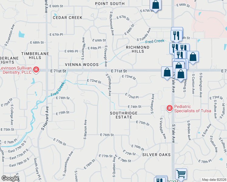 map of restaurants, bars, coffee shops, grocery stores, and more near 4109 East 72nd Place in Tulsa