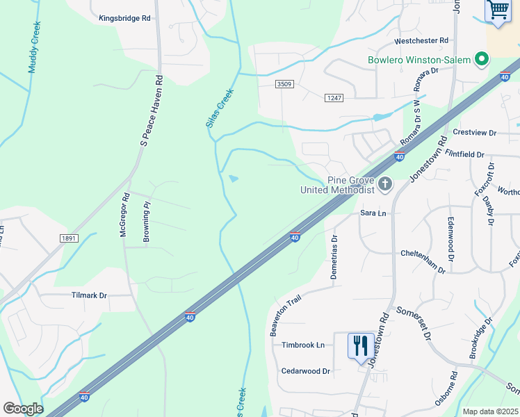 map of restaurants, bars, coffee shops, grocery stores, and more near 4951 Romara Drive in Winston-Salem