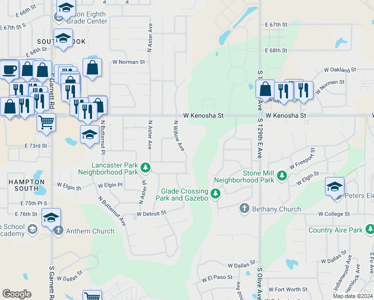 map of restaurants, bars, coffee shops, grocery stores, and more near 613 North Willow Avenue in Broken Arrow