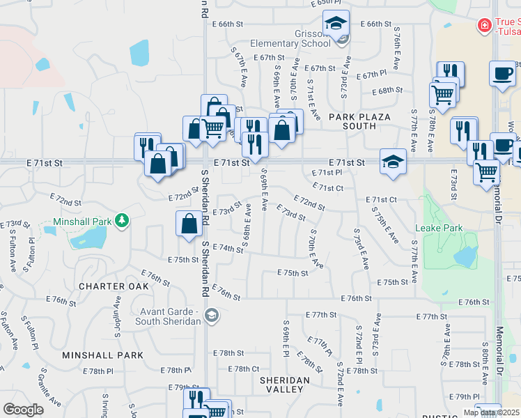 map of restaurants, bars, coffee shops, grocery stores, and more near 7320 South 69th East Avenue in Tulsa