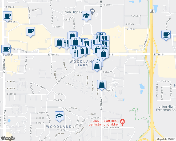 map of restaurants, bars, coffee shops, grocery stores, and more near 7231 South 92nd East Avenue in Tulsa