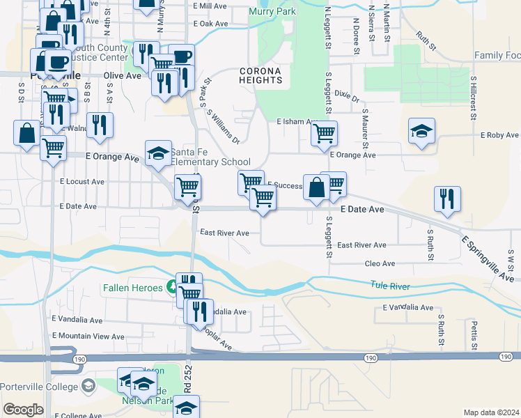 map of restaurants, bars, coffee shops, grocery stores, and more near 597 East Date Avenue in Porterville